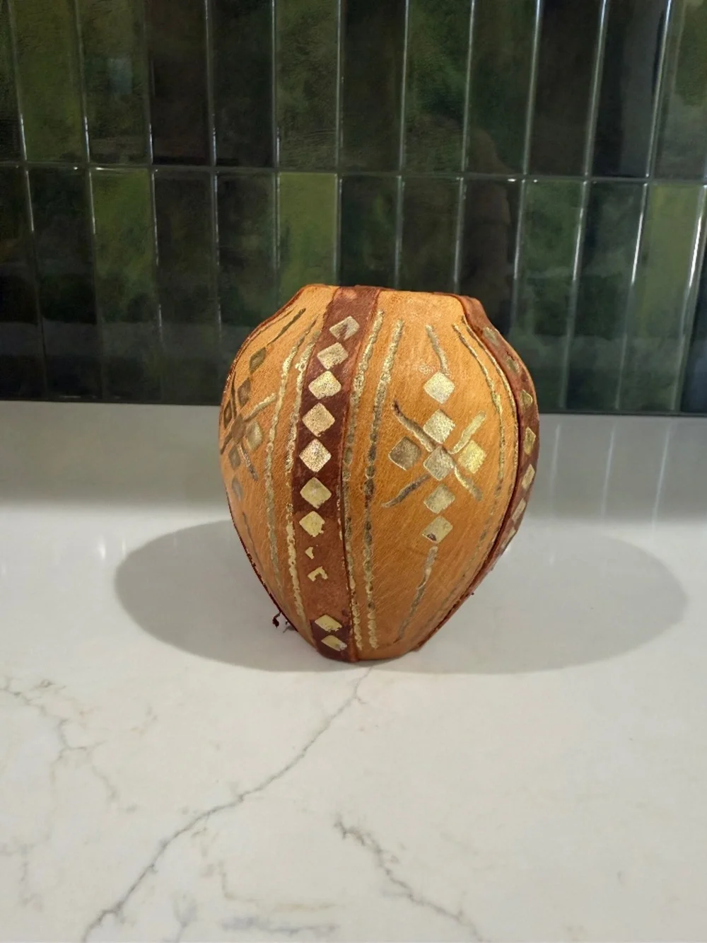 Vtg Leather Wrapped Egg Vase Tribal Décor